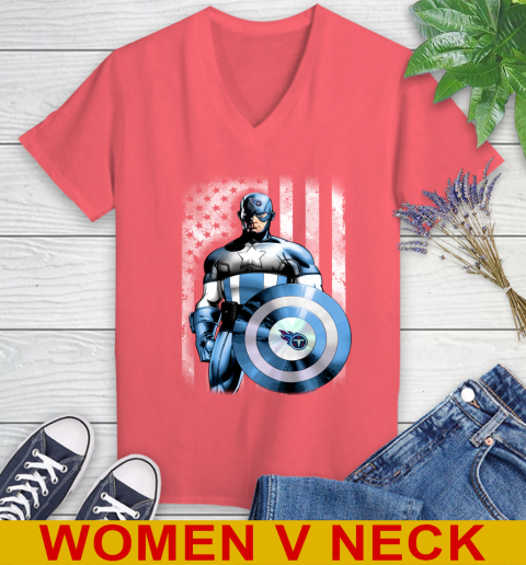 Tennessee Titans NFL Football Captain America Marvel Avengers American Flag Shirt Women's V-Neck T-Shirt 6