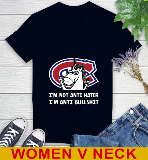 Montreal Canadiens NHL Hockey Unicorn I'm Not Anti Hater I'm Anti Bullshit Women's V-Neck T-Shirt 3