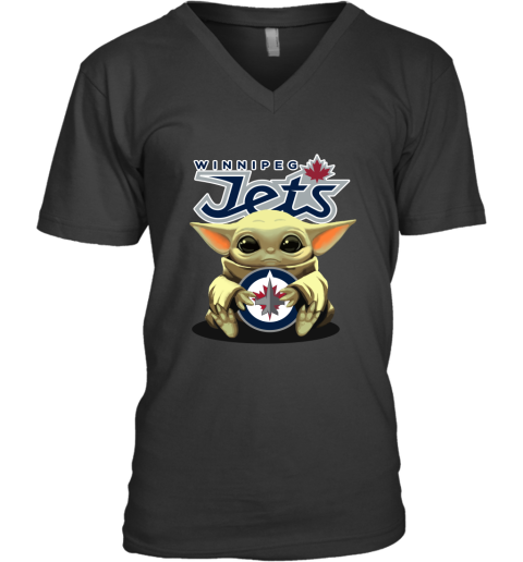 Baby Yoda Hugs The Winnipeg Jets Ice Hockey V-Neck T-Shirt