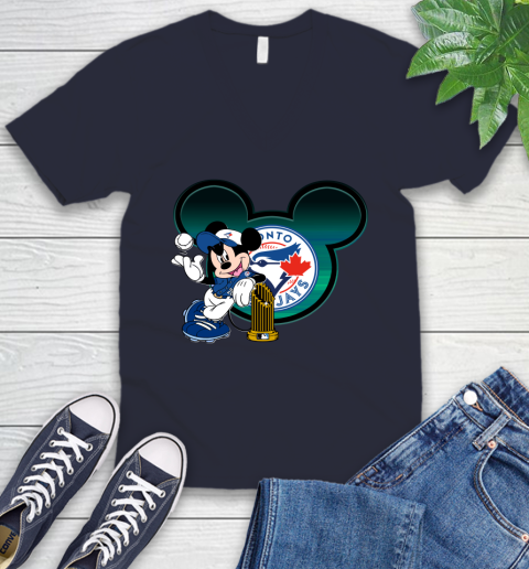 MLB Toronto Blue Jays The Commissioner's Trophy Mickey Mouse Disney V-Neck T-Shirt 3