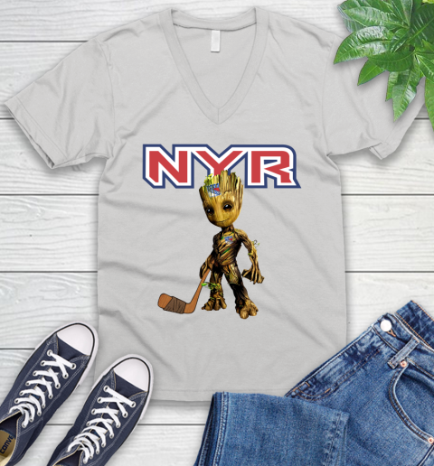 New York Rangers NHL Hockey Groot Marvel Guardians Of The Galaxy V-Neck T-Shirt