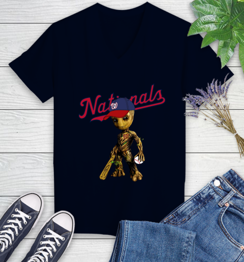 MLB Washington Nationals Groot Guardians Of The Galaxy Baseball Women's V-Neck T-Shirt 3