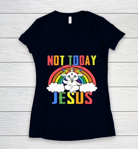 Unicorn Rainbow Not Today Jesus Premium Women's V-Neck T-Shirt 3