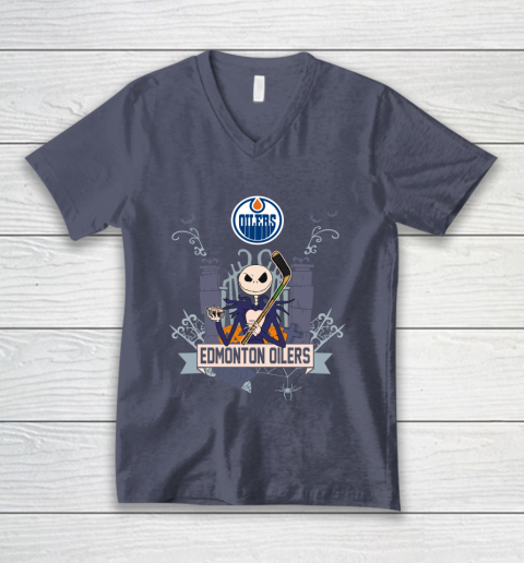 NHL Edmonton Oilers Hockey Jack Skellington Halloween V-Neck T-Shirt 7
