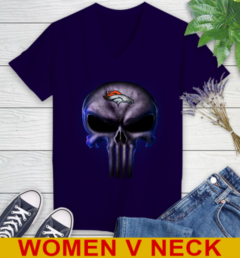 Denver Broncos NFL Football Punisher Skull Sports Women's V-Neck T-Shirt 3