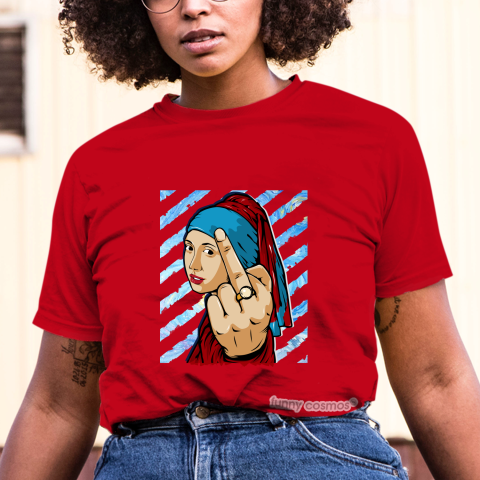 Air Jordan 1 UNC to CHI Matching Sneaker Tshirt The girl With The Pearl Earing Middle Finger Red and Blue Jordan Tshirt