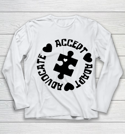 Autism Awareness T shirt Accept Adapt Advocate Essential Youth Long Sleeve