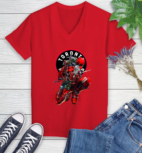 NBA Deadpool Marvel Comics Sports Basketball Toronto Raptors Women's V-Neck T-Shirt 12