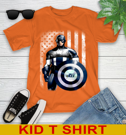 Utah Jazz NBA Basketball Captain America Marvel Avengers American Flag Shirt Youth T-Shirt 8