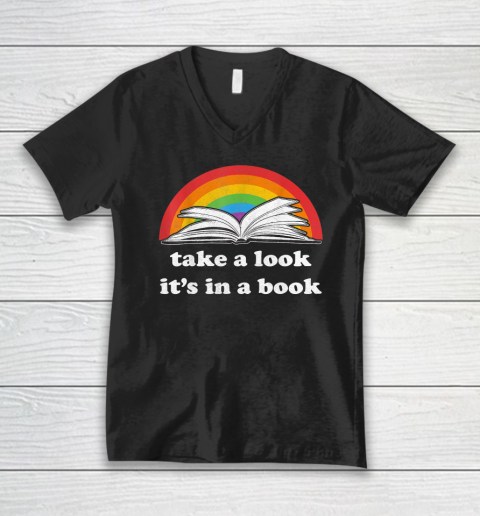 Take A Look It's In A Book Reading Vintage Retro Rainbow V-Neck T-Shirt