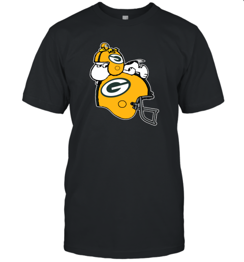 Snoopy And Woodstock Resting On Green Bay Packers Helmet Unisex Jersey Tee