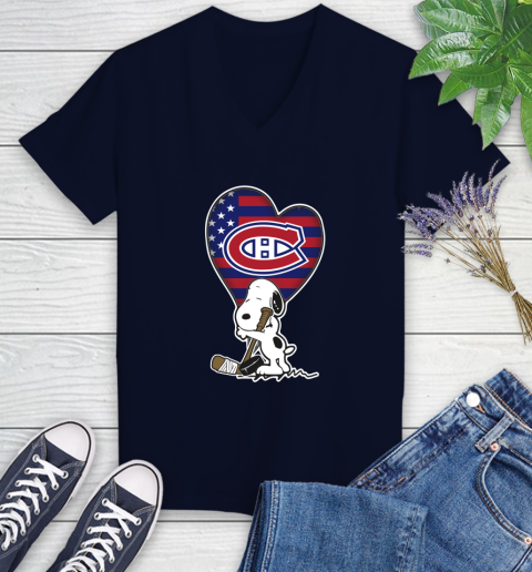 Montreal Canadiens NHL Hockey The Peanuts Movie Adorable Snoopy Women's V-Neck T-Shirt 3
