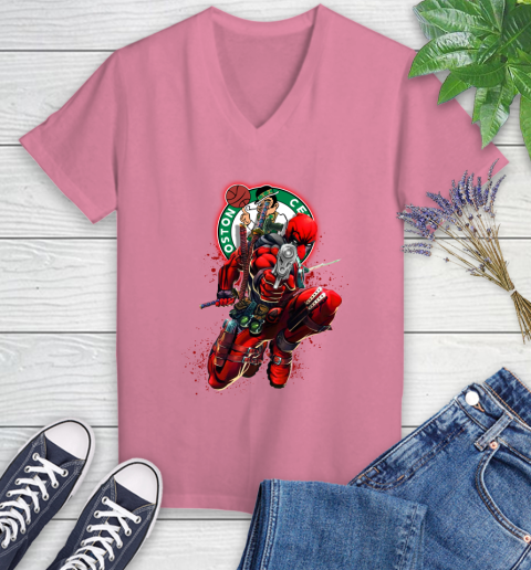 NBA Deadpool Marvel Comics Sports Basketball Boston Celtics Women's V-Neck T-Shirt 13