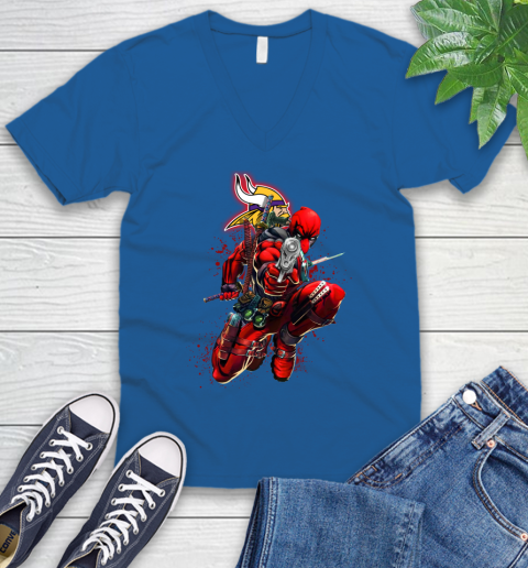 NFL Deadpool Marvel Comics Sports Football Minnesota Vikings V-Neck T-Shirt 6