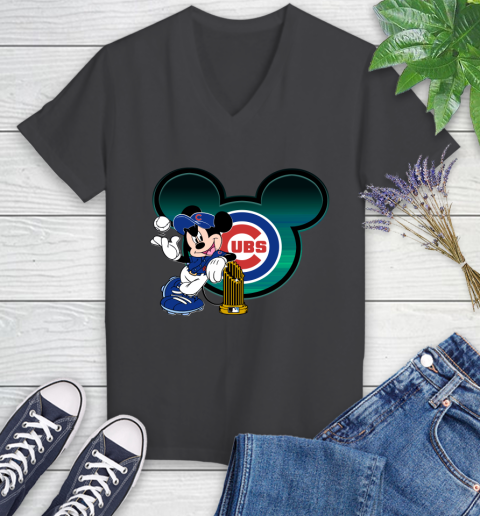 MLB Chicago Cubs The Commissioner's Trophy Mickey Mouse Disney Women's V-Neck T-Shirt 8
