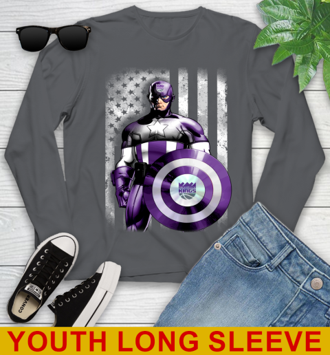 Sacramento Kings NBA Basketball Captain America Marvel Avengers American Flag Shirt Youth Long Sleeve 9