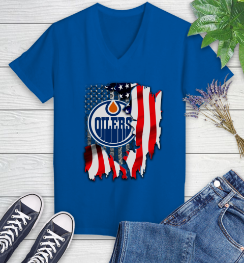 Edmonton Oilers NHL Hockey American Flag Women's V-Neck T-Shirt 10