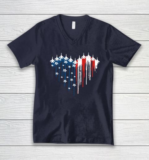 Retro Fighter Jet Airplane American Flag Heart 4th Of July V-Neck T-Shirt 2