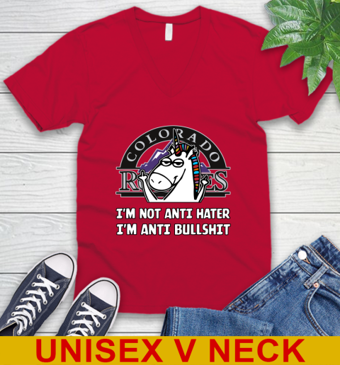 Colorado Rockies MLB Baseball Unicorn I'm Not Anti Hater I'm Anti Bullshit V-Neck T-Shirt - Image 8