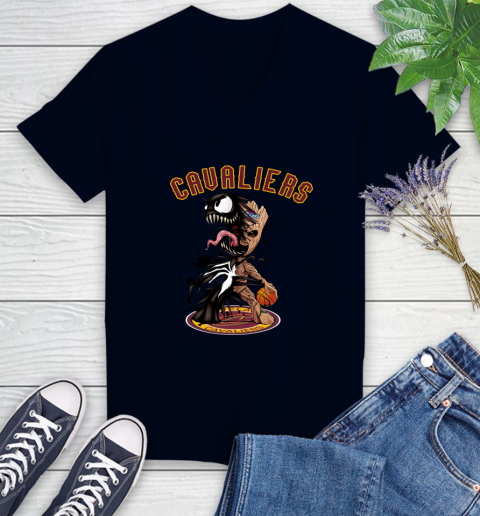 NBA Cleveland Cavaliers Basketball Venom Groot Guardians Of The Galaxy Women's V-Neck T-Shirt 3