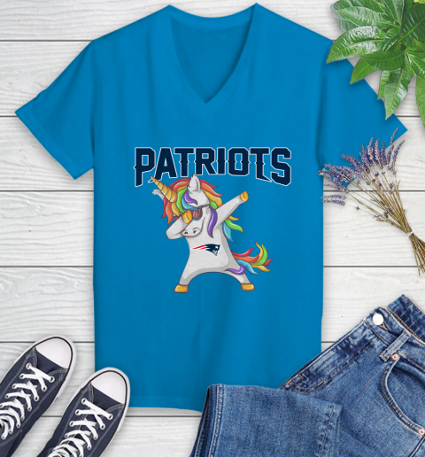 New England Patriots NFL Football Funny Unicorn Dabbing Sports Women's V-Neck T-Shirt 7
