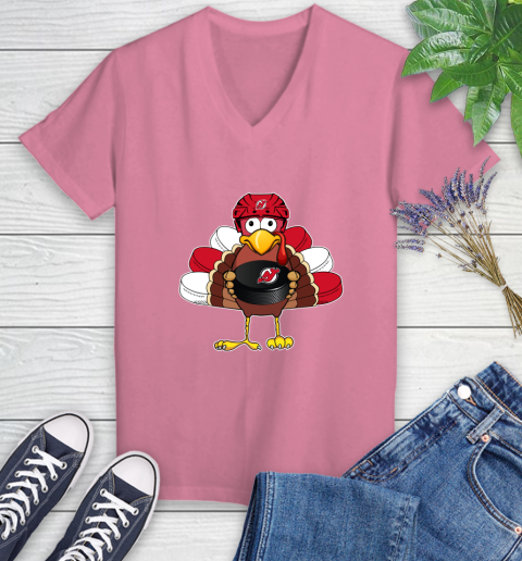 New Jersey Devils Turkey Thanksgiving Day Women's V-Neck T-Shirt 13