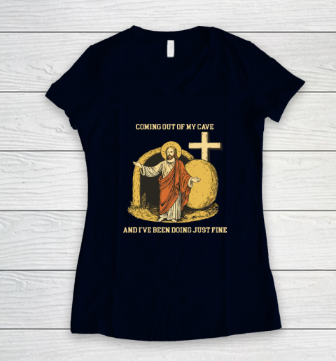 Coming Out Of My Cave Jesus Women's V-Neck T-Shirt 2