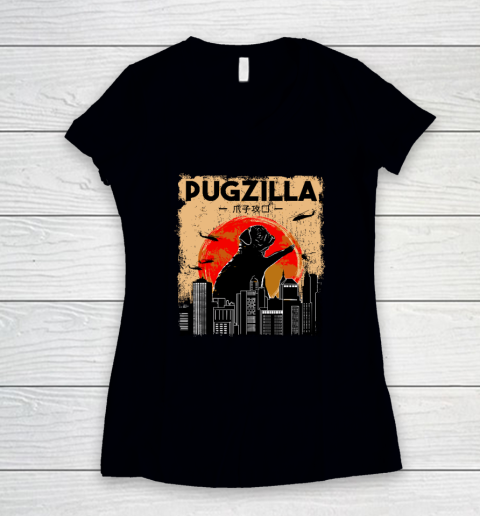 Pug Lover, Pugzilla, Funny Pug, Funny Dog Women's V-Neck T-Shirt