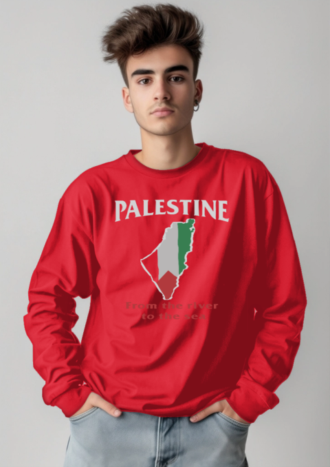 hpaj palestine from the river to the sea long sleeve tee 14 front red