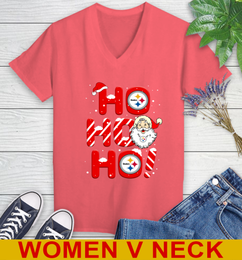 Pittsburgh Steelers NFL Football Ho Ho Ho Santa Claus Merry Christmas Shirt Women's V-Neck T-Shirt 6