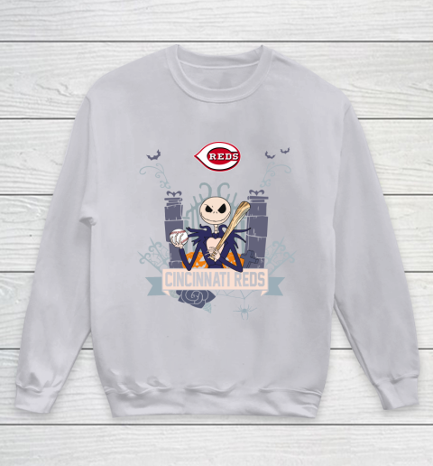 MLB Cincinnati Reds Baseball Jack Skellington Halloween Youth Sweatshirt 4 MLB Cincinnati Reds Baseball Jack Skellington Halloween Youth Sweatshirt - Image 4