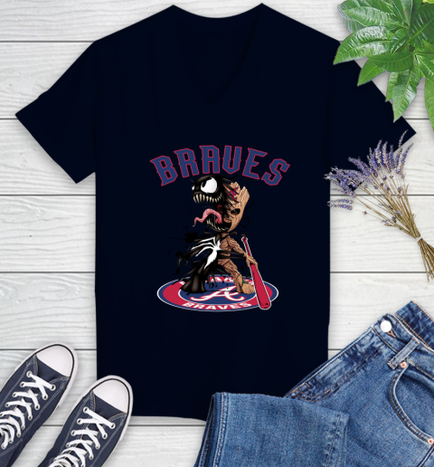 MLB Atlanta Braves Baseball Venom Groot Guardians Of The Galaxy Women's V-Neck T-Shirt 3