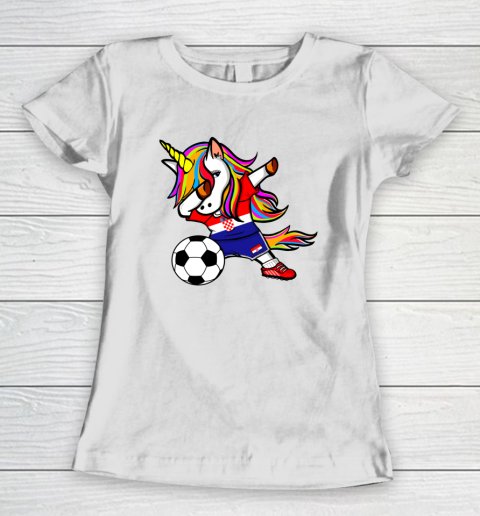 Funny Dabbing Unicorn Croatia Football Croatian Flag Soccer Women's T-Shirt