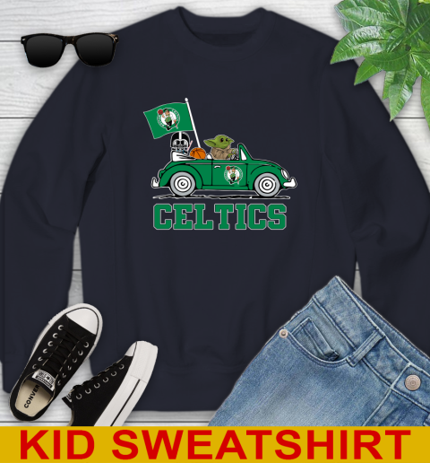 NBA Basketball Boston Celtics Darth Vader Baby Yoda Driving Star Wars Shirt Youth Sweatshirt 3