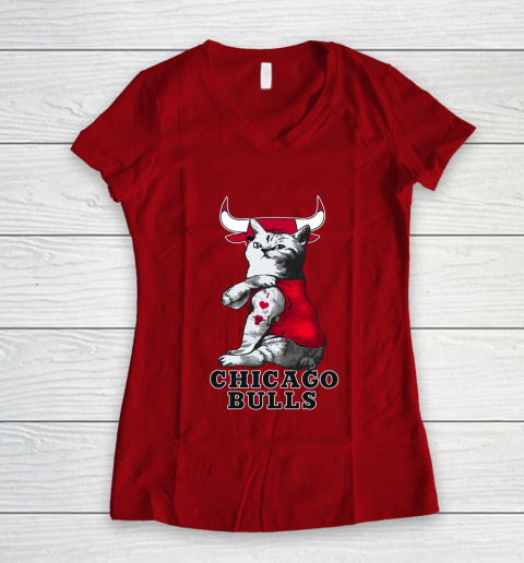 NBA Basketball My Cat Loves Chicago Bulls Women's V-Neck T-Shirt 8