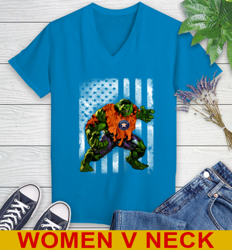 Houston Astros Hulk Marvel Avengers MLB Baseball American Flag Women's V-Neck T-Shirt 7