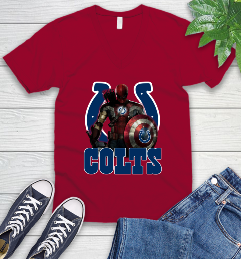 NFL Captain America Thor Spider Man Hawkeye Avengers Endgame Football Indianapolis Colts V-Neck T-Shirt 8