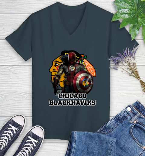 NHL Captain America Thor Spider Man Hawkeye Avengers Endgame Hockey Chicago Blackhawks Women's V-Neck T-Shirt 8