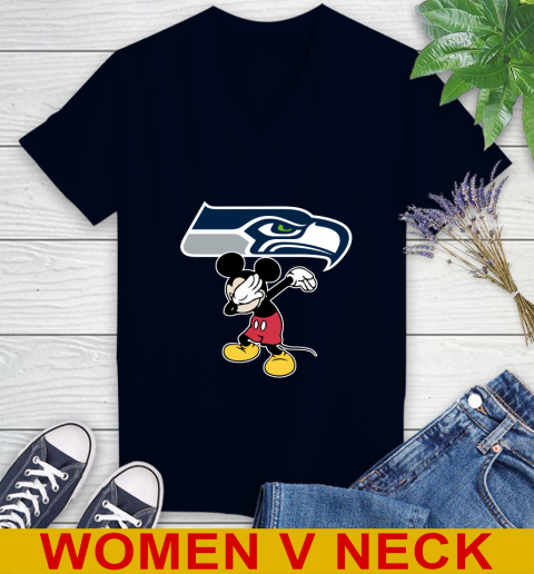 Seattle Seahawks NFL Football Dabbing Mickey Disney Sports Women's V-Neck T-Shirt 3