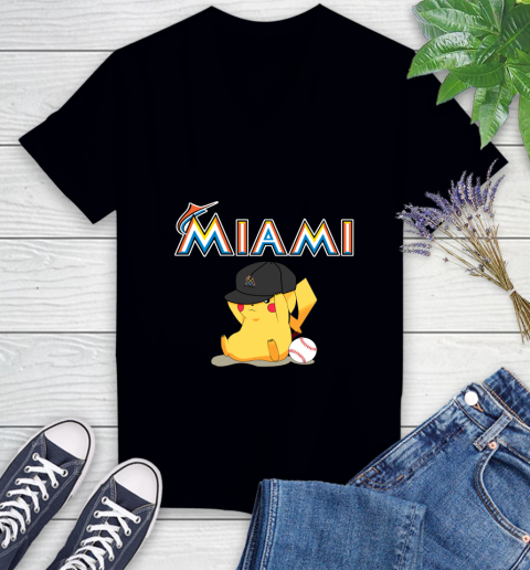 MLB Pikachu Baseball Sports Miami Marlins Women's V-Neck T-Shirt 2