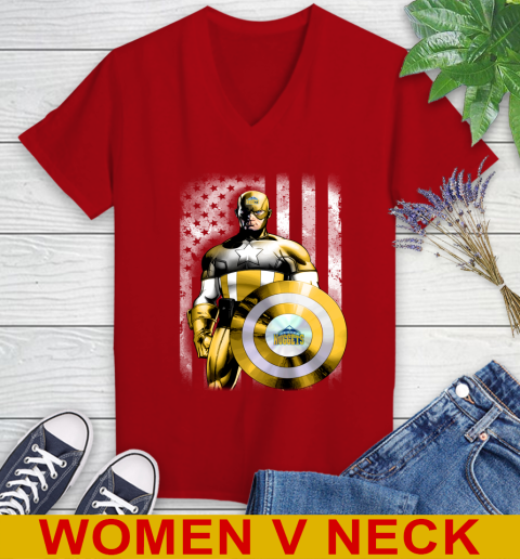 Denver Nuggets NBA Basketball Captain America Marvel Avengers American Flag Shirt Women's V-Neck T-Shirt 10