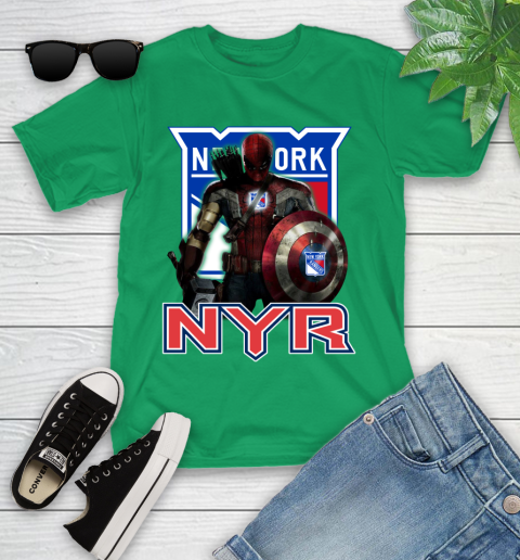 NHL Captain America Thor Spider Man Hawkeye Avengers Endgame Hockey New York Rangers Youth T-Shirt 6
