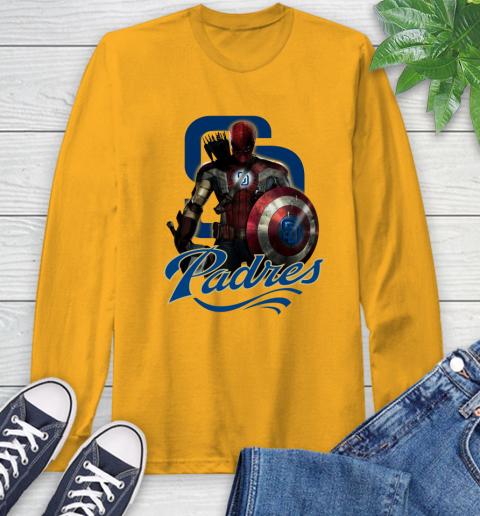 MLB Captain America Thor Spider Man Hawkeye Avengers Endgame Baseball San Diego Padres Long Sleeve T-Shirt 3