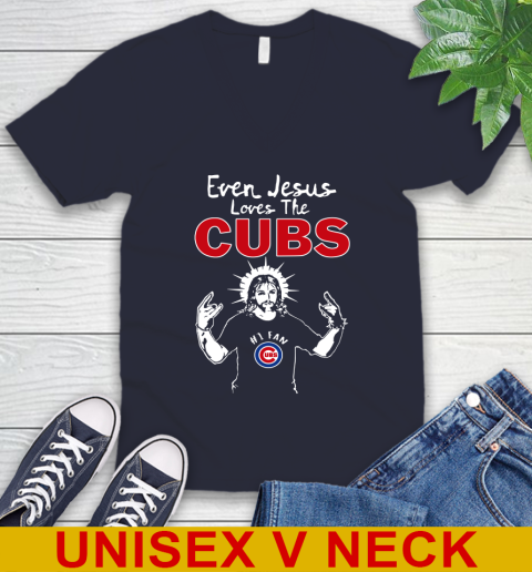 Chicago Cubs MLB Baseball Even Jesus Loves The Cubs Shirt V-Neck T-Shirt 2