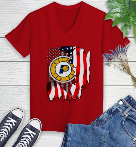 Indiana Pacers NBA Basketball American Flag Women's V-Neck T-Shirt 11
