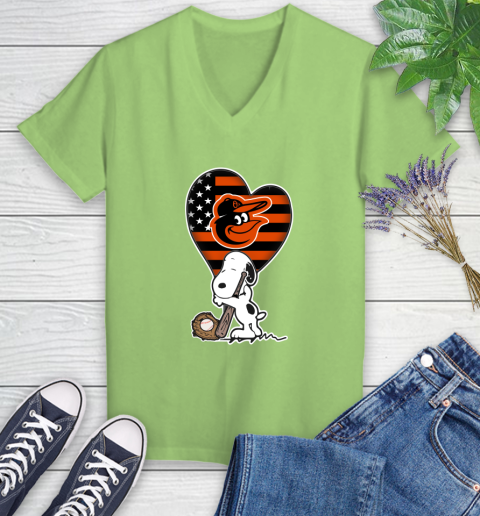Baltimore Orioles MLB Baseball The Peanuts Movie Adorable Snoopy Women's V-Neck T-Shirt 11
