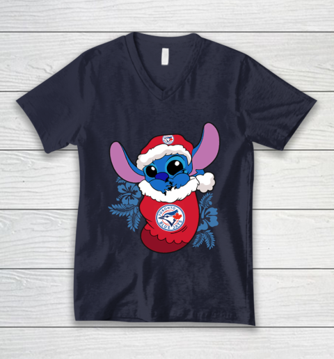Toronto Blue Jays Christmas Stitch In The Sock Funny Disney MLB V-Neck T-Shirt 3