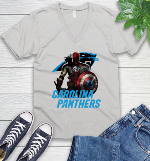 NFL Captain America Thor Spider Man Hawkeye Avengers Endgame Football Carolina Panthers V-Neck T-Shirt