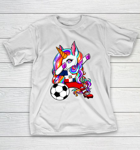 Dabbing Unicorn Dominican Republic Soccer Fans Flag Football T-Shirt