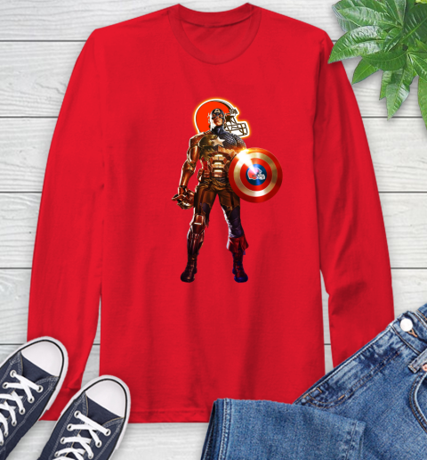 NFL Captain America Marvel Avengers Endgame Football Sports Cleveland Browns Long Sleeve T-Shirt 10